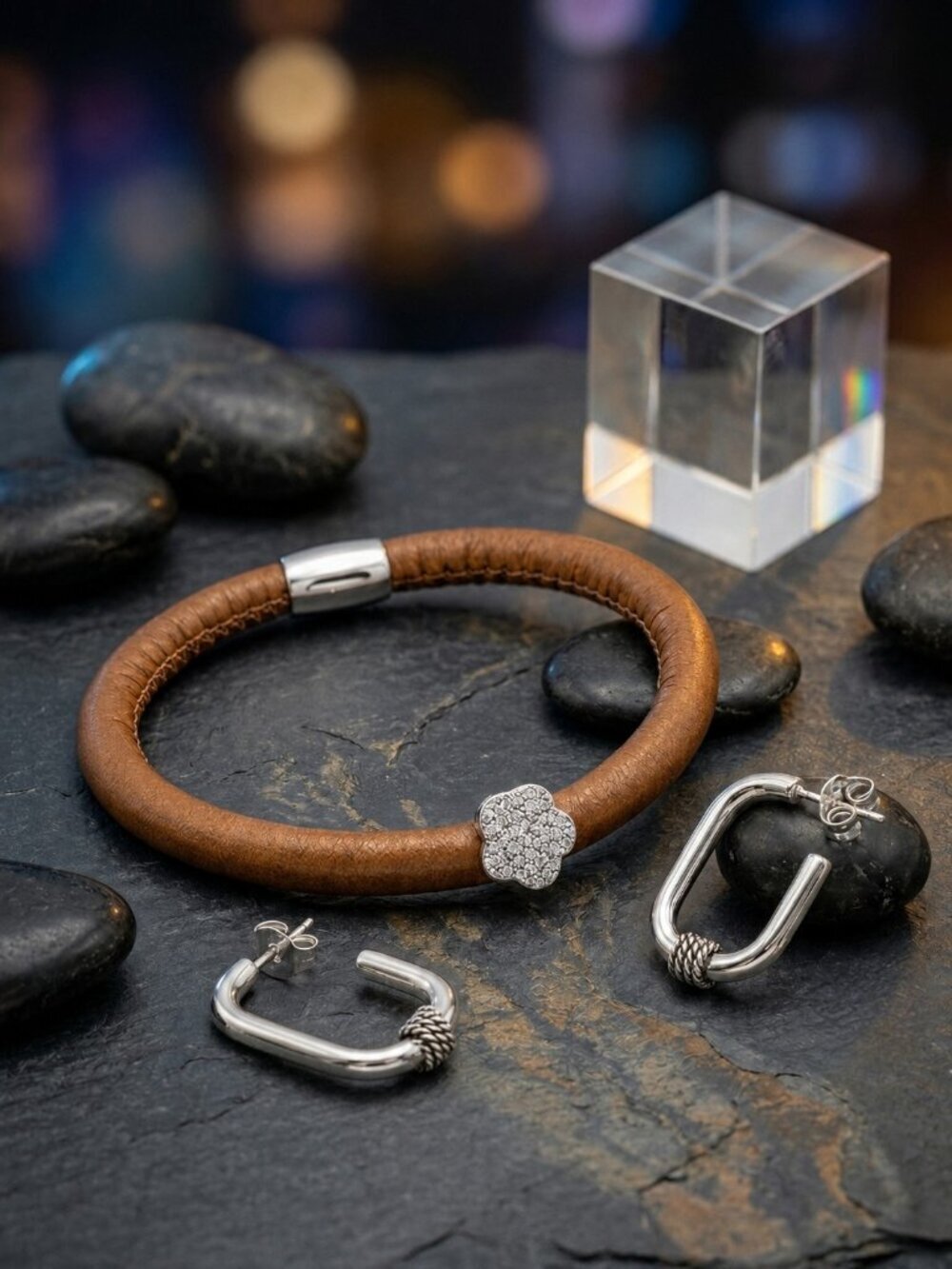 Caramel Vegan Leather Magnetic Bangle and Steel Hoop Earrings Set CZ Flower Boho